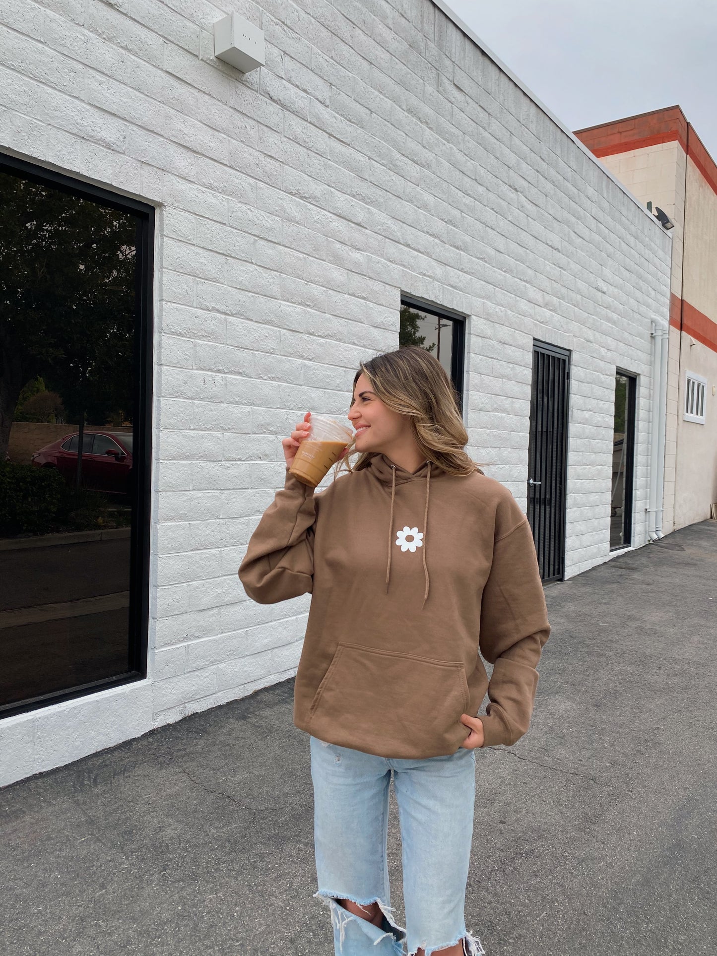 brown "SORRY I'M LATE I STOPPED FOR COFFEE" hoodie