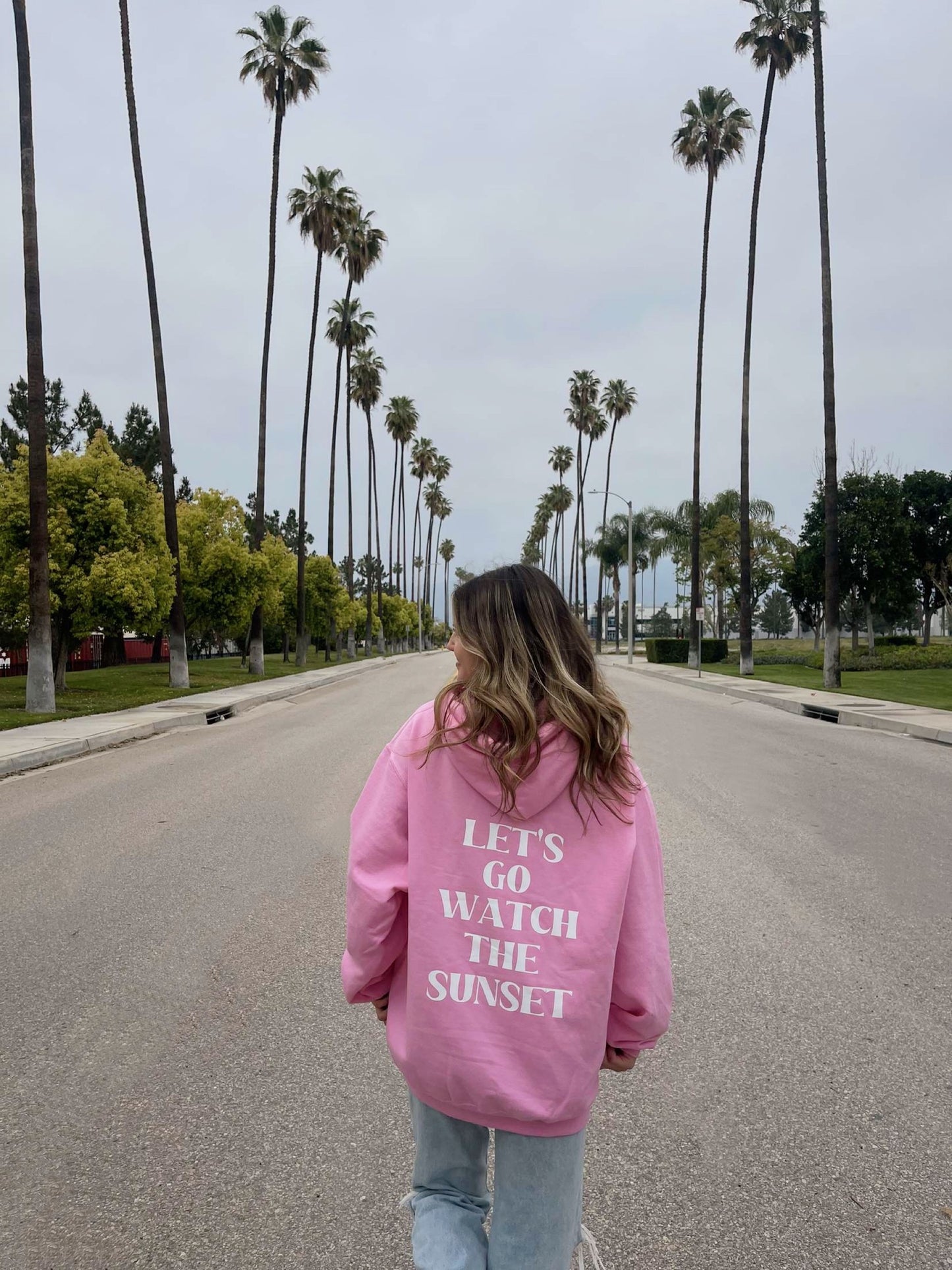 pink "LET'S GO WATCH THE SUNSET" hoodie