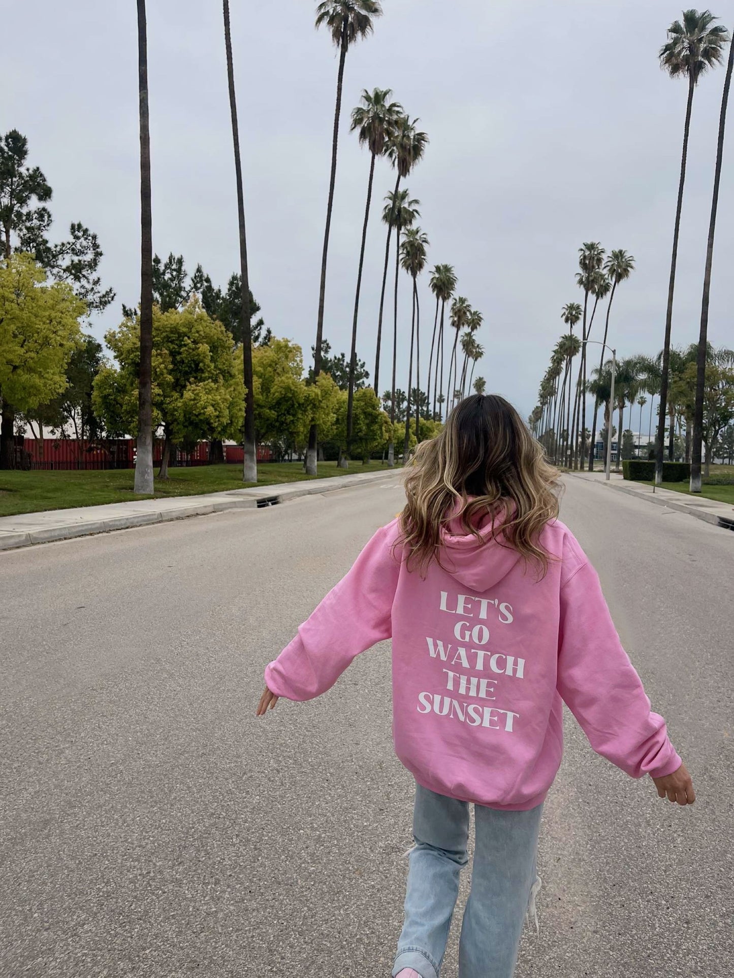 pink "LET'S GO WATCH THE SUNSET" hoodie