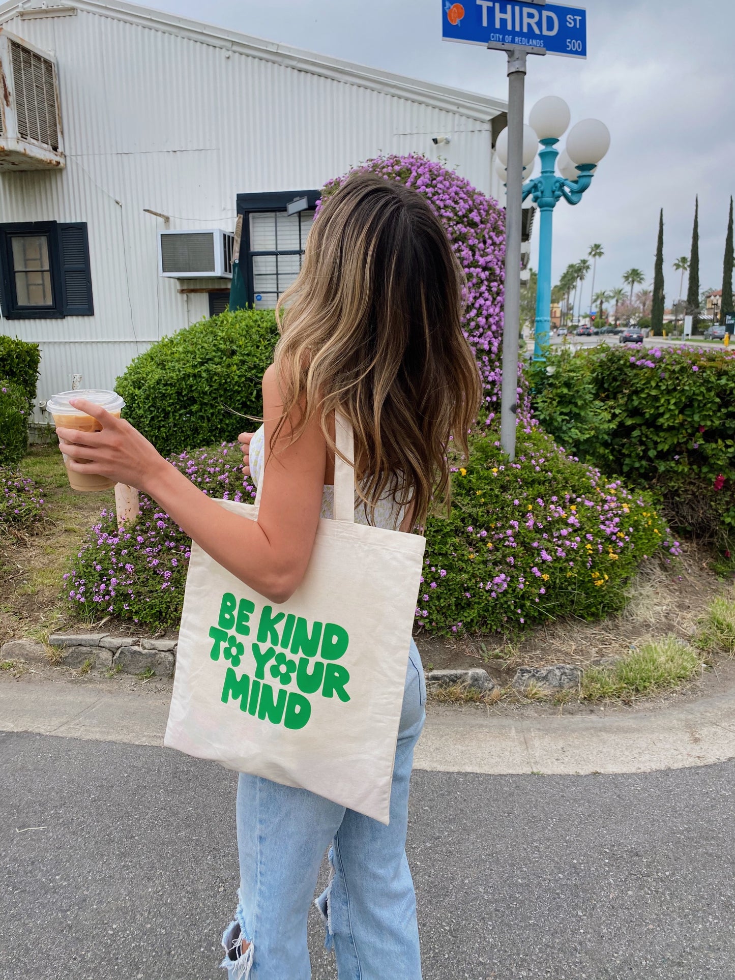 green "be kind to your mind" tote bag