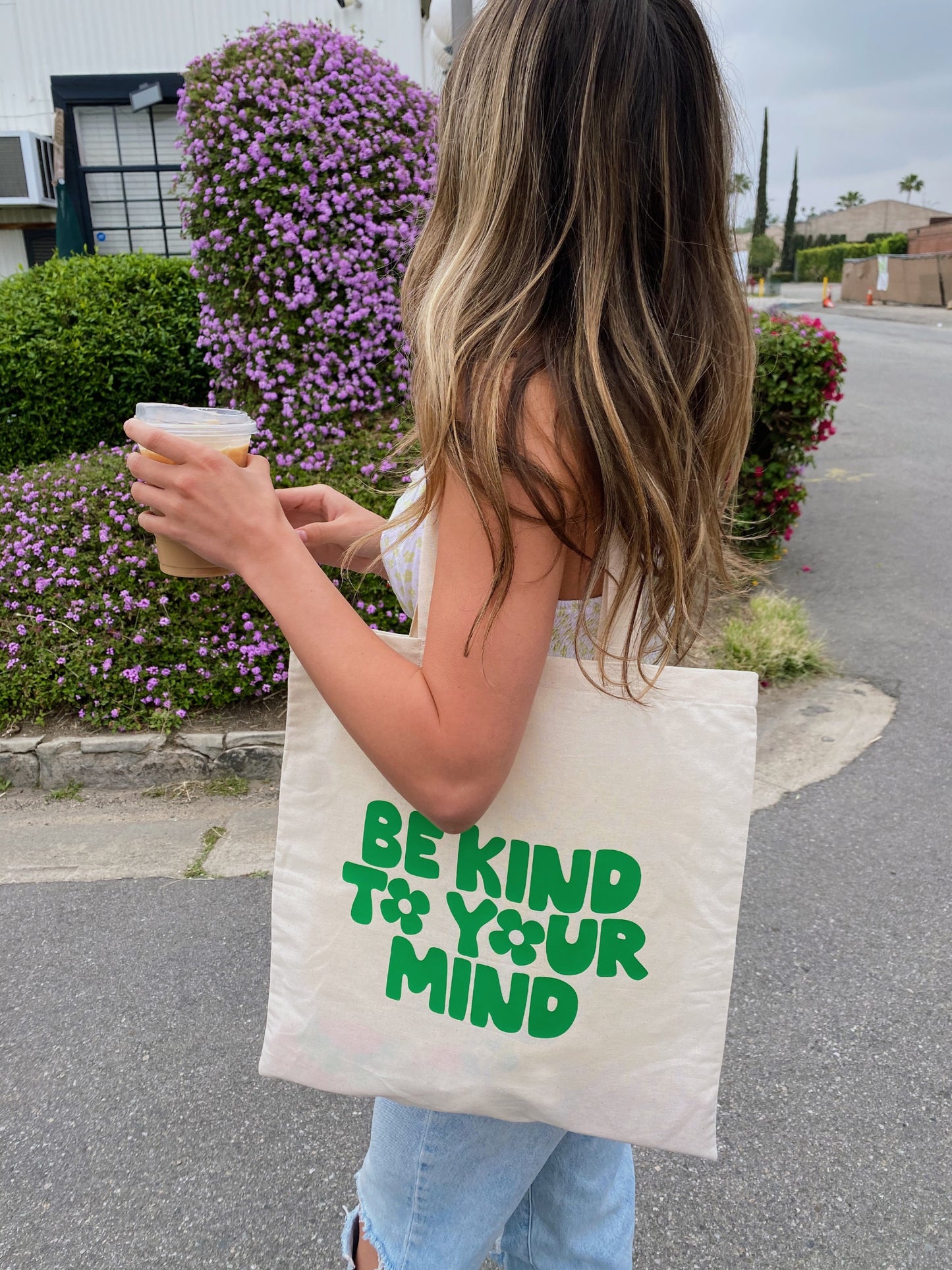 green "be kind to your mind" tote bag