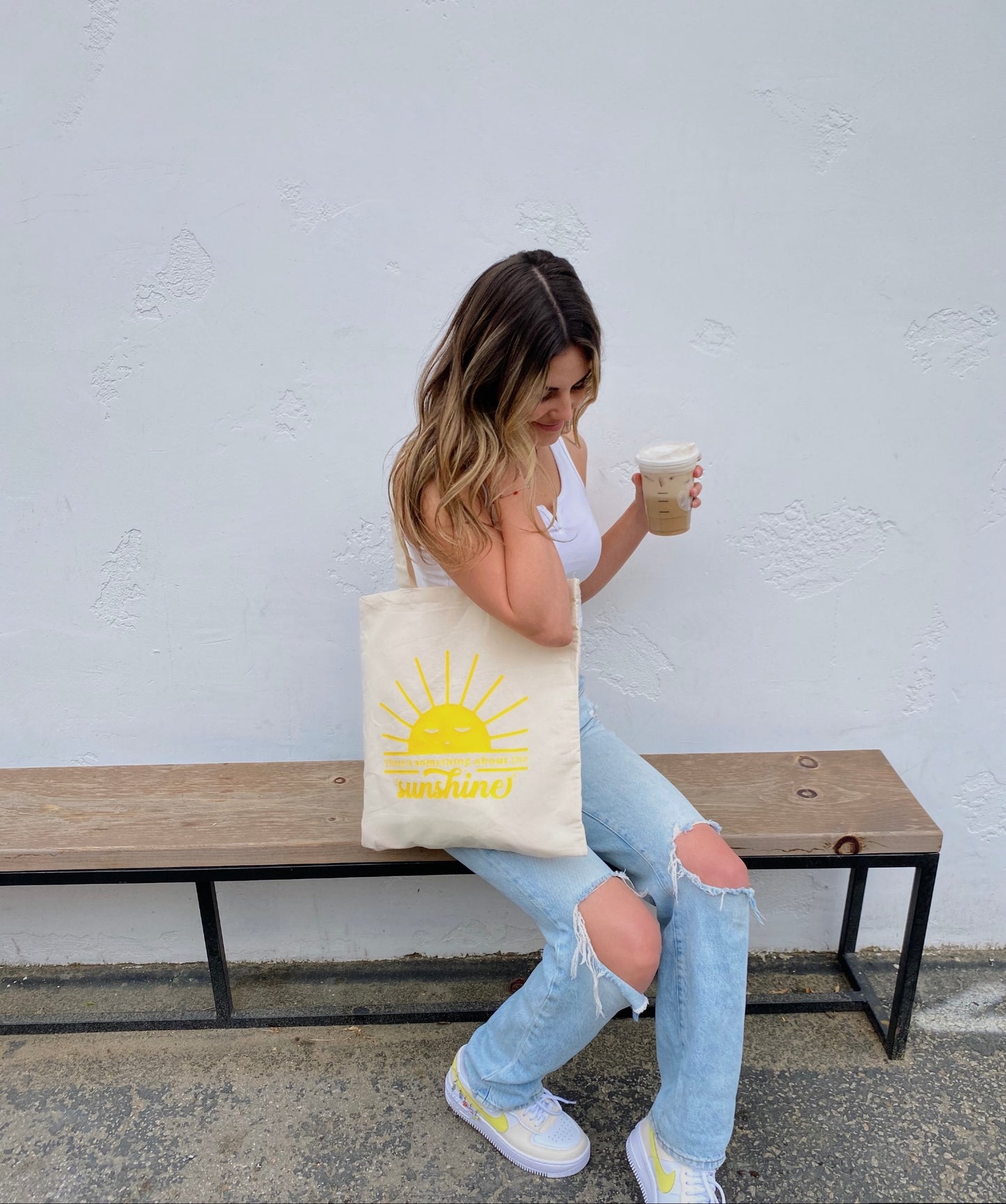 yellow "there's something about the sunshine" tote bag